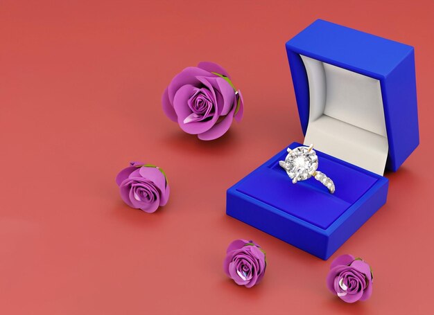 Une bague en diamant 3D dans une boîte avec des roses et un fond