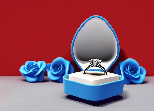 Une bague en diamant 3D dans une boîte avec des roses et un fond