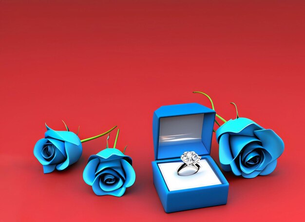 Une bague en diamant 3D dans une boîte avec des roses et un fond