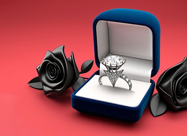 Une bague en diamant 3D dans une boîte avec des roses et un fond