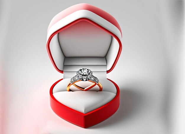 Une bague en diamant 3D dans une boîte avec des roses et un fond