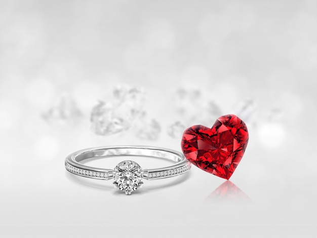 Bague en diamant et diamant en forme de coeur rouge sur fond de diamants blancs reflétant le concept de la Saint-Valentin