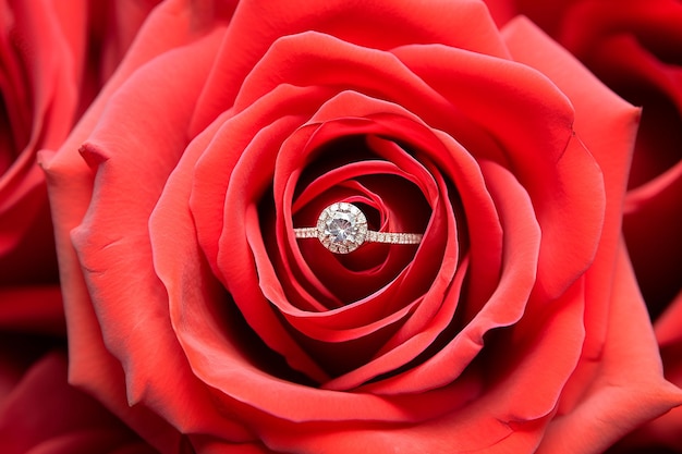 Bague en diamant à l'intérieur d'une fleur de rose