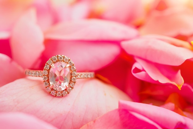 Bague en diamant rose bijoux sur fond de pétales de rose magnifique bouchent