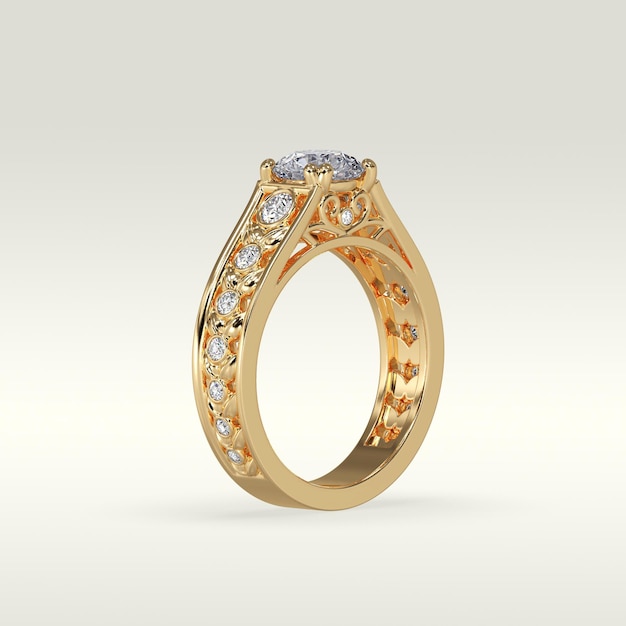 Bague de fiançailles solitaire position debout en rendu 3D or métal