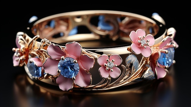 une bague avec des fleurs roses et des fleurs bleues