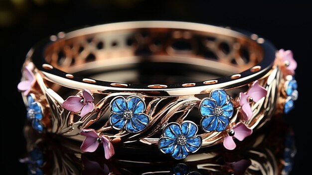 une bague avec des fleurs roses et des fleurs bleues