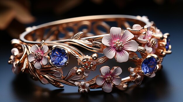 une bague avec des fleurs roses et des fleurs bleues