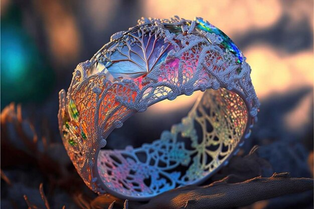 Une bague avec un grand motif complexe d'une branche d'arbre.