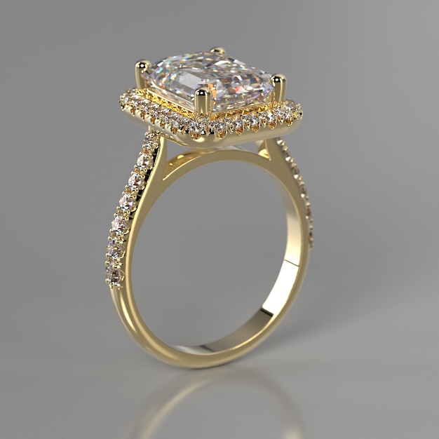 Bague halo émeraude en or jaune avec pierres sur jonc trois quatrième vue