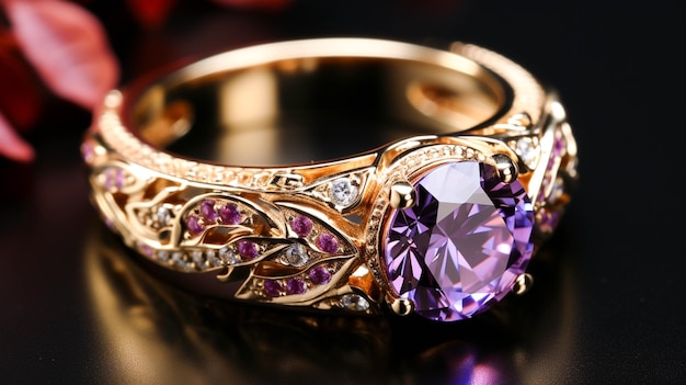 Une bague en or avec une pierre rose et des diamants sur fond violet