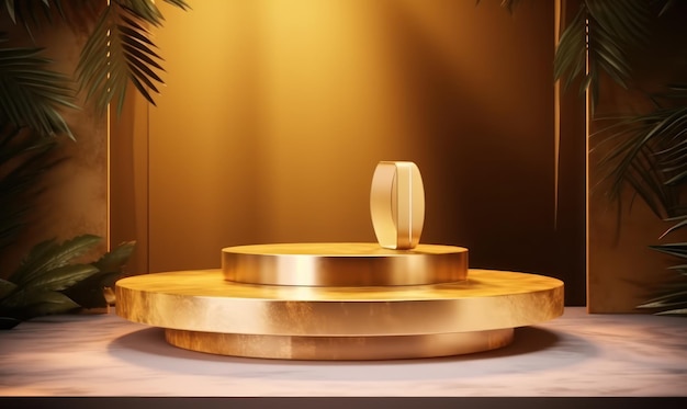 Une bague en or sur un podium avec une bague en or dessus