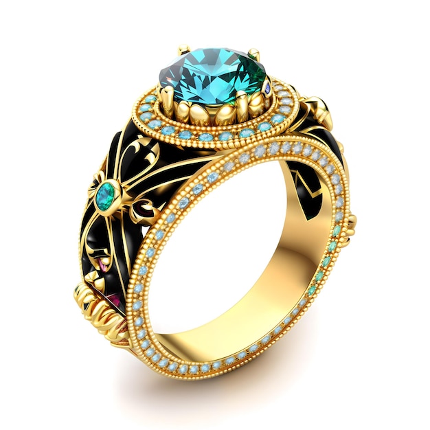 Une bague en or avec une topaze bleue et des diamants.