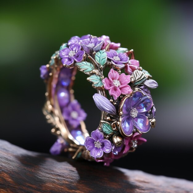 Bague en pierre de cristal avec fleurs Illustration générée par AI