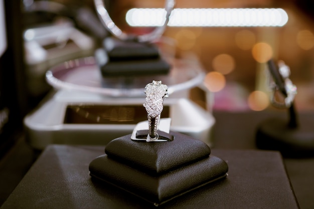 Bagues en diamant avec étiquette de prix vierge dans la vitrine de vitrine de magasin de luxe de bijoux