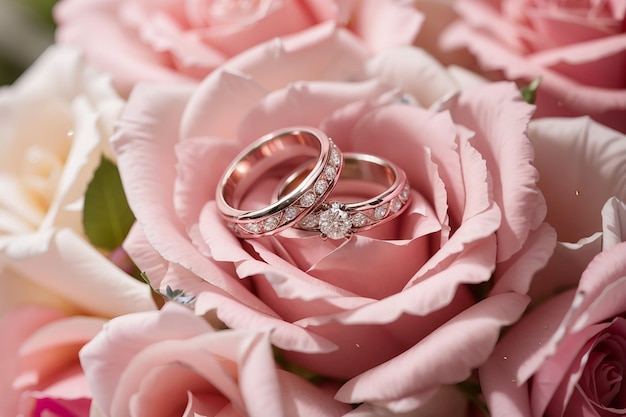 Photo des bagues de mariage en gros plan sur une fleur de rose rose