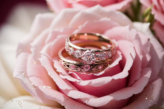 Photo des bagues de mariage en gros plan sur une fleur de rose rose