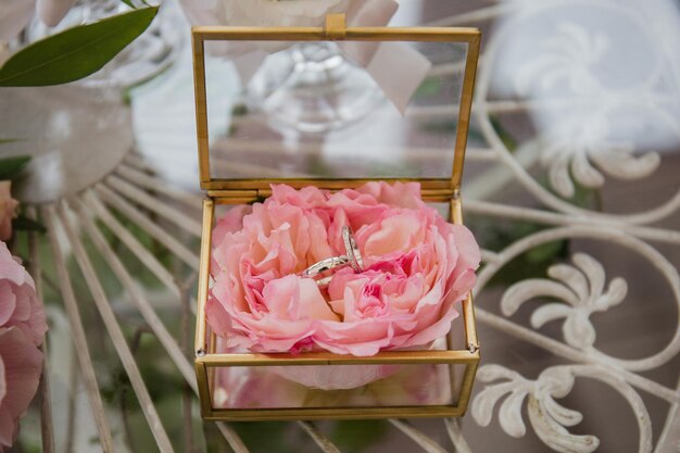 Bagues de mariage en or dans une belle boîte en verre