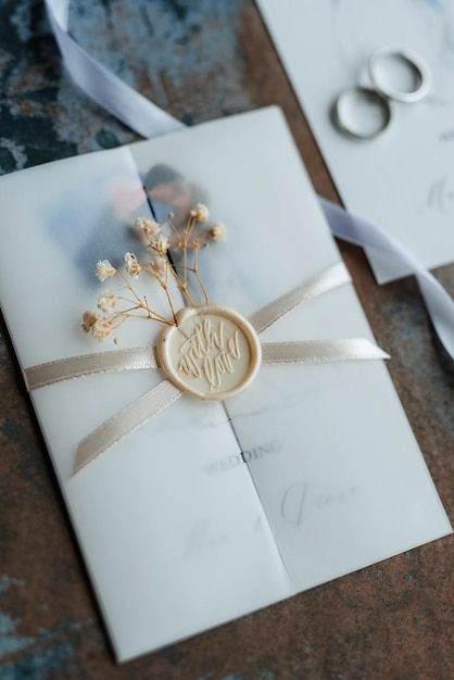 Des bagues de mariage en or avec une invitation de mariage