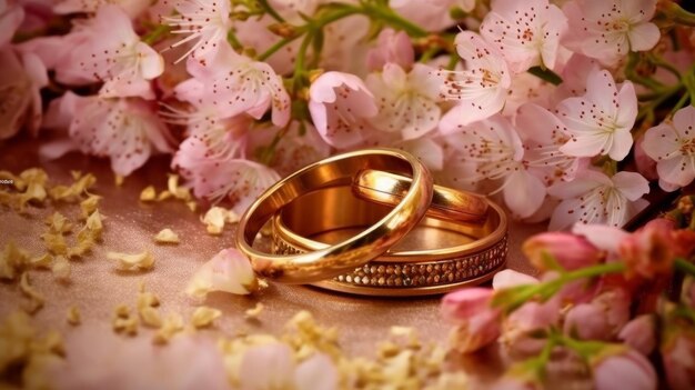 Des bagues de mariage placées parmi des fleurs délicates générées par l'IA