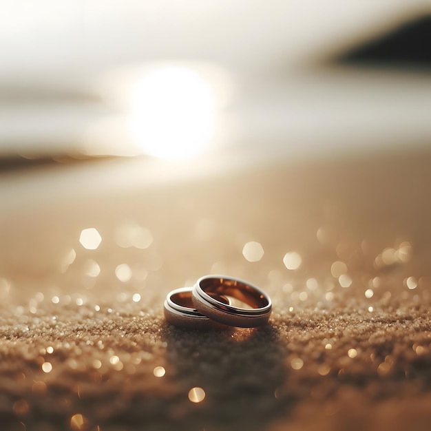 Photo des bagues de mariage sur la plage au coucher du soleil