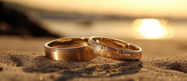 Photo des bagues de mariage sur la plage de sable au coucher du soleil