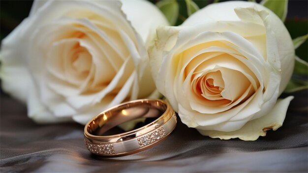 Photo des bagues de mariage et une rose blanche sur un fond noir en gros plan