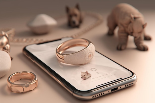 Photo des bagues d'or sur l'écran du téléphone des bijoux de la mariée et du marié