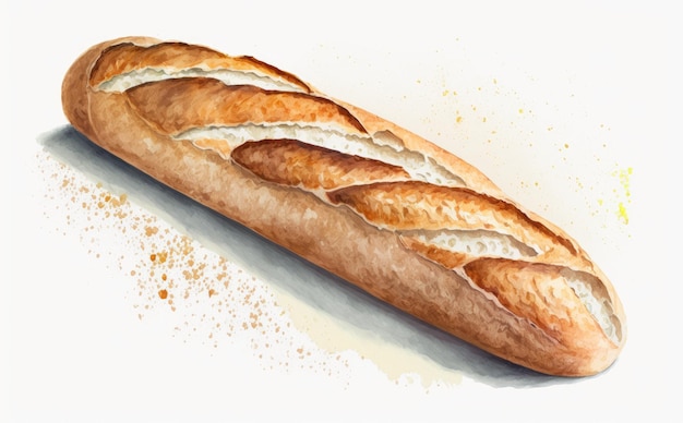 Photo baguette française dessinée sur fond blanc illustrations de pain français aquarelle générées par ai