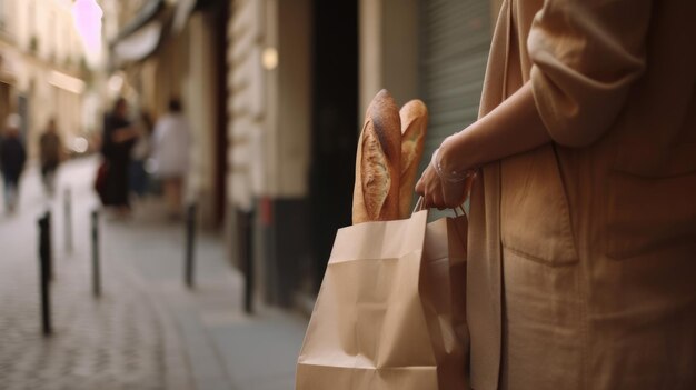 Photo baguette parisienne pain dans un sac en papier biodégradable ai génératif