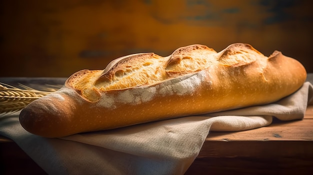 Une baguette sur une table avec une serviette.