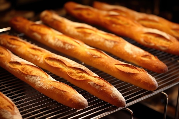 Des baguettes fraîchement cuites se refroidissant sur des grilles métalliques