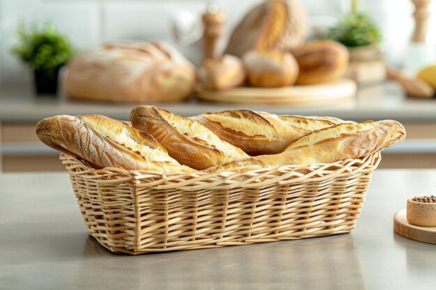 Des baguettes françaises fraîchement cuites dans un panier en osier sur la table dans une boulangerie traditionnelle