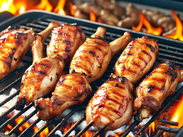 Des baguettes de poulet juteuses sur un grill générées par l'IA