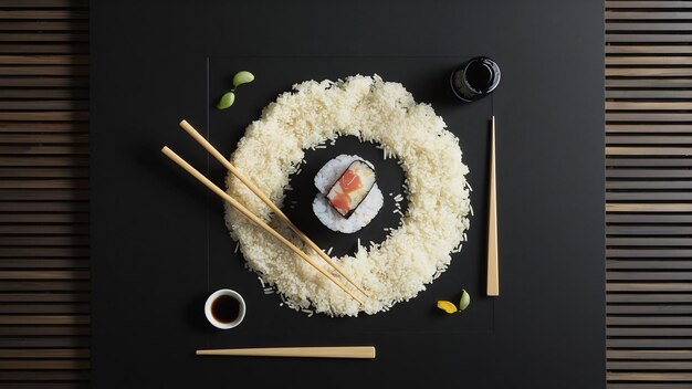 Des baguettes de riz crues, du sushi et de la sauce soja sur fond noir