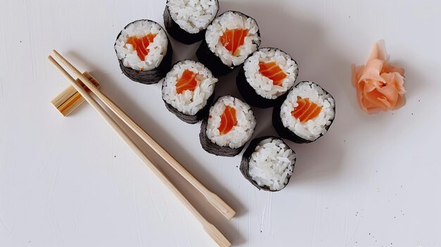 Photo des baguettes et des rouleaux de sushi avec du riz