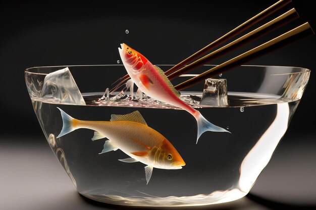 Les baguettes sont utilisées pour soulever des tranches de sashimi de poisson transparentes