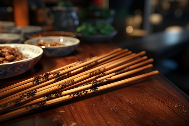 Des baguettes sur une table en bois en gros plan Nourriture chinoise traditionnelle