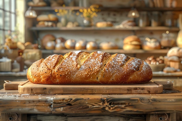 Bagutte sur table en bois et arrière-plan de boulangerie généré par l'IA