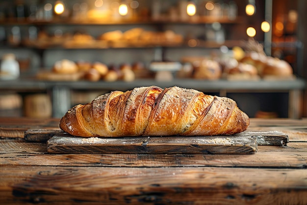 Bagutte sur table en bois et arrière-plan de boulangerie généré par l'IA