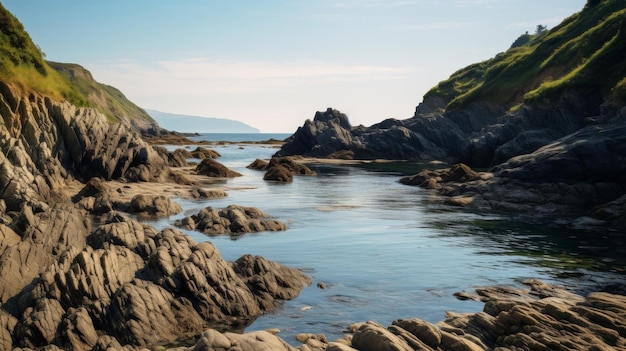 Une baie côtière délicieuse et rafraîchissante avec des eaux bleues et une colline verte