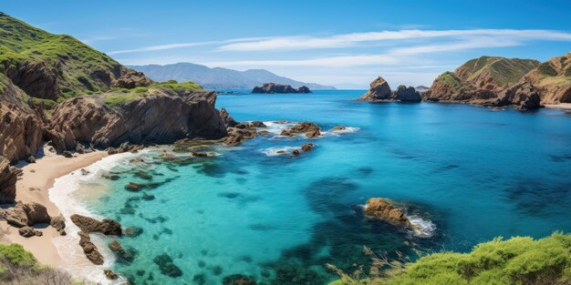 Une baie tranquille avec des eaux azurées et des sables bordés de palmiers est cachée par des collines vertes.