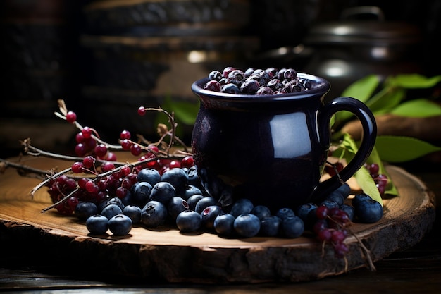 Des baies de bleuets de saison dans une tasse sur la table