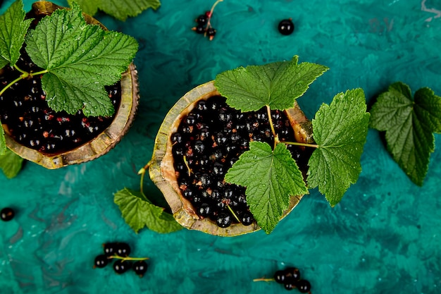 Baies de cassis avec feuilles, cassis dans des bols verts.