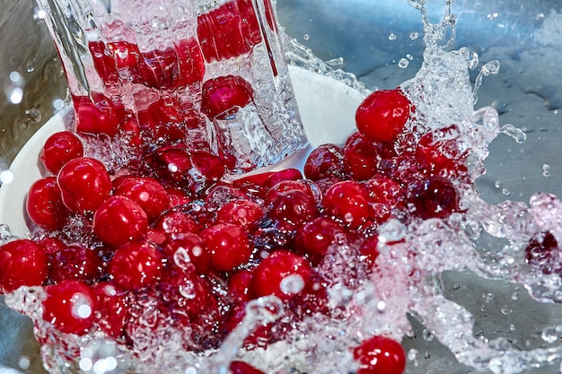 Baies de cerise mûre dans un jet d'eau