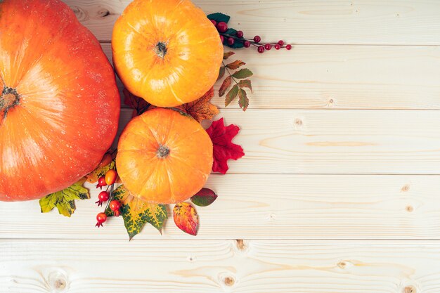 Baies de citrouilles et feuilles mortes sur table en bois