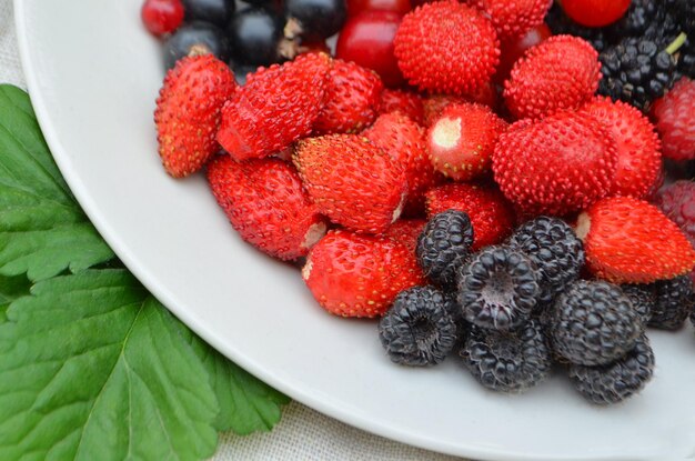 Baies fraîches d'été sur assiette Vue de dessus Style rustique