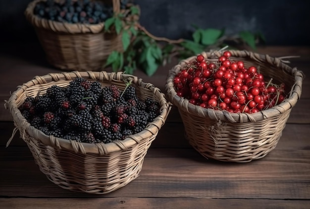 Baies fraîches rouges et noires dans des paniers sur une surface en bois, parfaites pour toute occasion