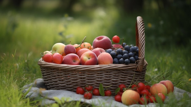 Des baies de fruits dans un panier sur un fond d'herbe verte IA générative