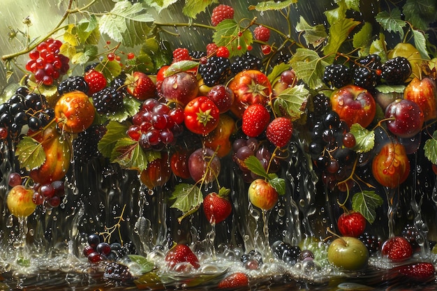 Des baies et des fruits frais d'été sous une douce cascade sur fond de feuillage vert